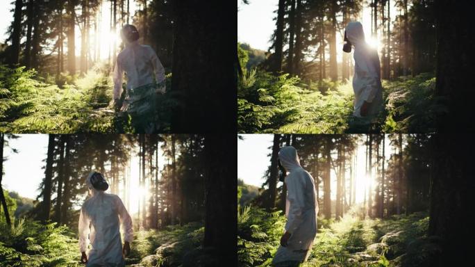 男子穿着白色西装从细菌污染中除害森林