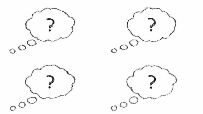 云图标中的问号，白色背景上的语音气泡，云语音气泡，手绘动画。