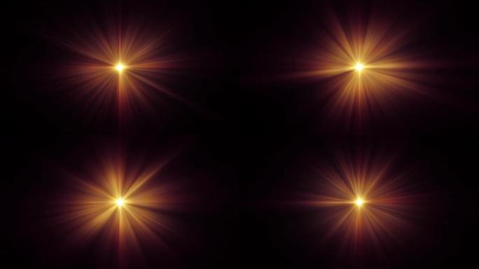 4k环中心旋转辉光金色光线光光学镜头耀斑闪亮动画艺术背景。照明灯光线效果动态明亮的视频素材。金辉星光
