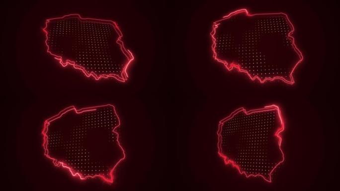 3D移动霓虹红色波兰地图边界轮廓循环背景