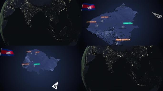 放大到柬埔寨的3d地图之夜