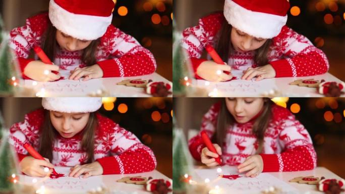 孩子在圣诞信中画圣诞老人。女孩用记号笔画画