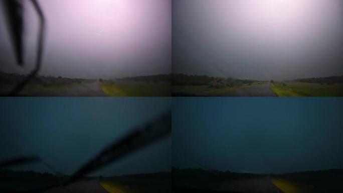 雷雨。循环视频。汽车在大雨和闪电中行驶。