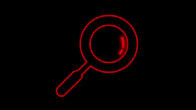 黑色背景上的动画红色霓虹灯放大镜形状。