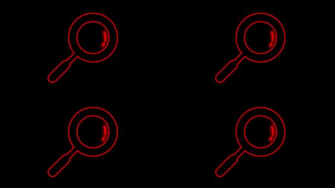 黑色背景上的动画红色霓虹灯放大镜形状。