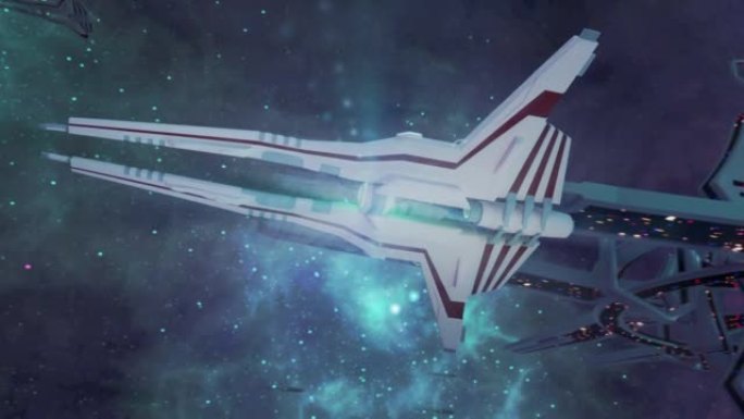 具有鲜艳色彩的未来派空间站上方幻想太空船的动画