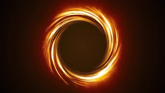 环形旋转圈的条纹和明亮的橙色火焰美丽的神奇能量发光霓虹灯，圆形框架。摘要背景。屏幕保护程序，高质量4