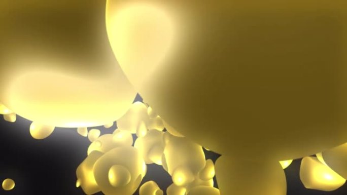 抽象背景与明亮的黄金飞行液体气泡发光能量魔术圈和球下降在高分辨率4k动画运动设计