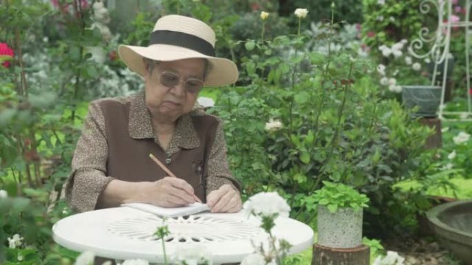 老年妇女在花园公园写字