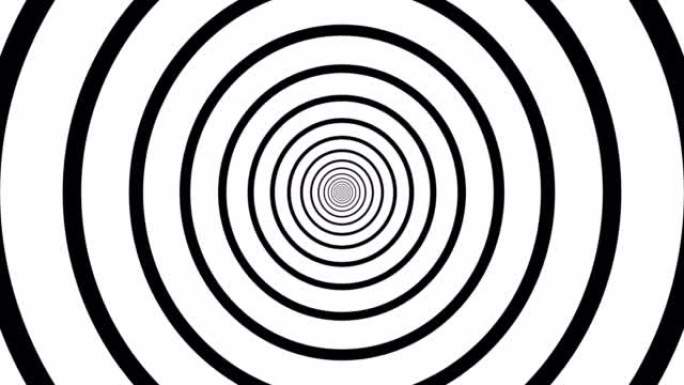 抽象背景，高质量4k的视频。移动几何图形，黑色圆圈的白色隧道，动画。明亮多彩的身材