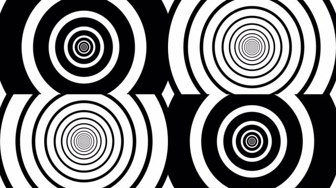 抽象背景，高质量4k的视频。移动几何图形，黑色圆圈的白色隧道，动画。明亮多彩的身材
