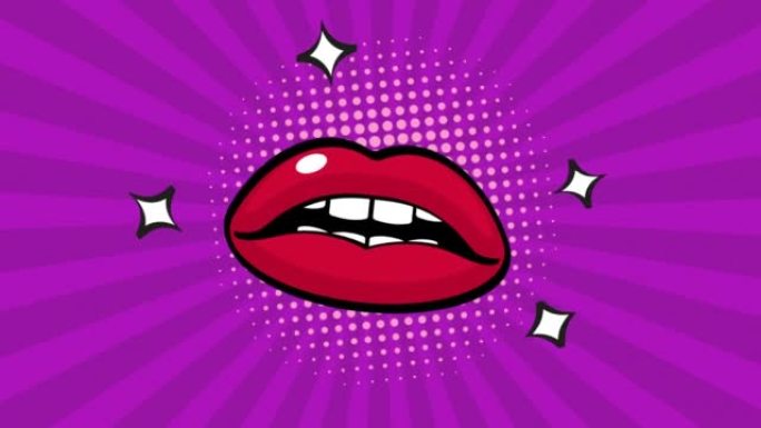 红色女人嘴唇流行艺术风格运动动画。流行艺术背景上的女人嘴，4k视频动画