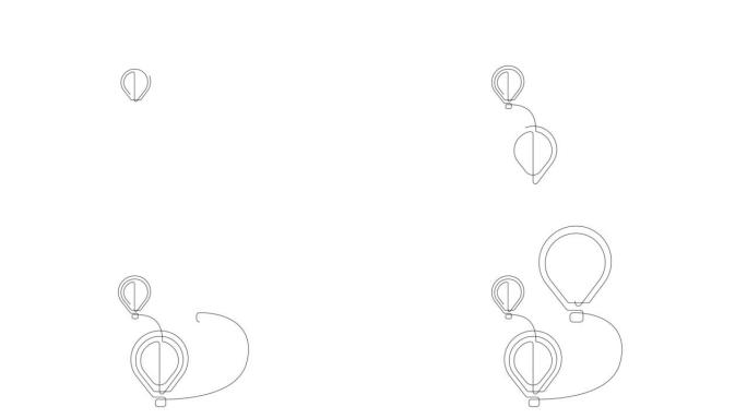 三个热气球标志的自画动画。连续线条图。全长动画。