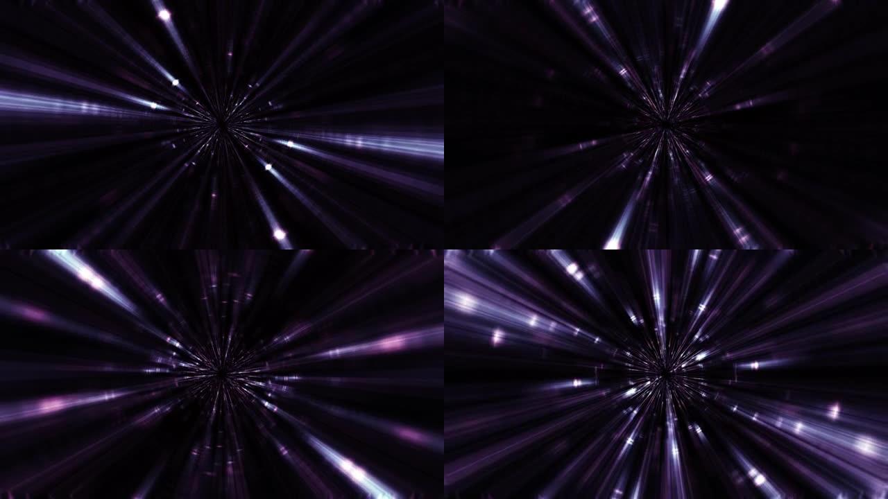 抽象环粉色紫色发光射线飞行线在隧道中的运动和照明光效果。未来背景，超数字发光线，激光射线，光速