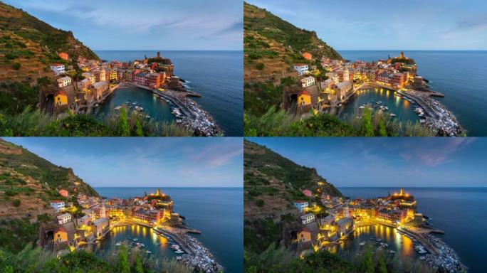 在意大利美丽而风景秀丽的海滨村庄韦尔纳扎老村韦尔纳扎，延时日落美景。组成意大利五渔村的小镇之一