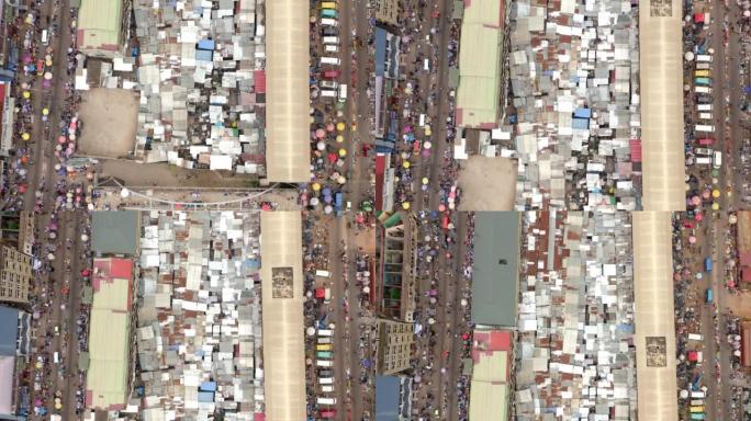 Slam market Kumasi Accra加纳的空中俯视图拍摄，有很多人和建筑物