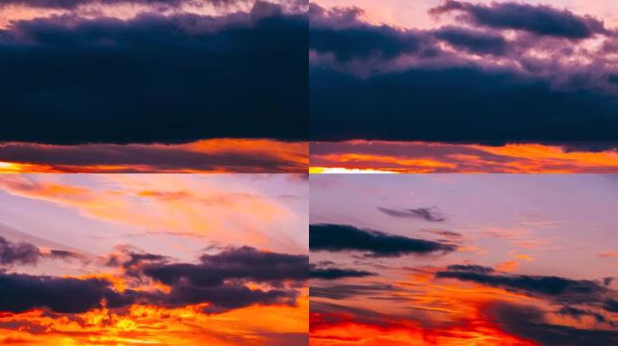 4k延时日落天空背景。灿烂的太阳戏剧性的天空。黑暗的黄昏。橙色阳光闪耀。饱和橙红色。层云。阳光透过云