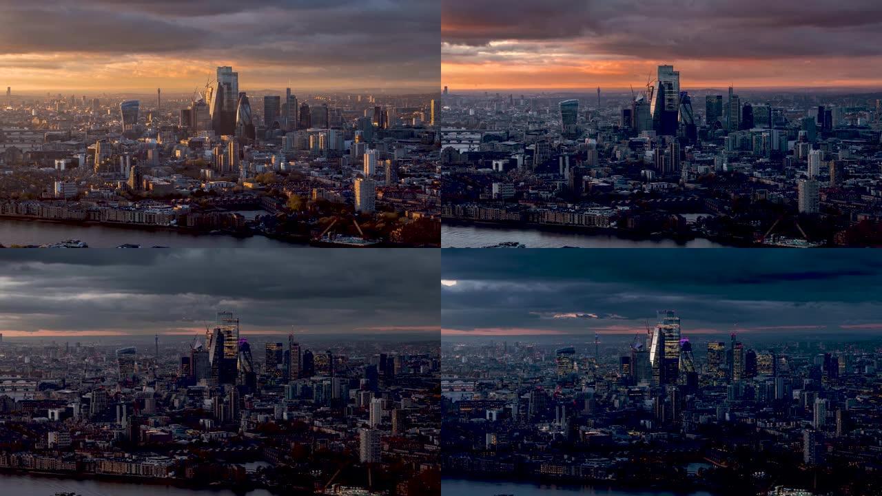 伦敦市天际线的日夜日落时间流逝