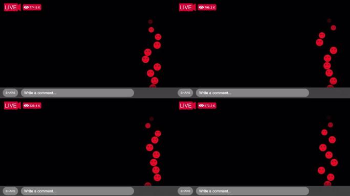 社交媒体直播，视频观看次数增加，表情愤怒反应图标从透明背景上的屏幕底部到上方 (阿尔法频道)