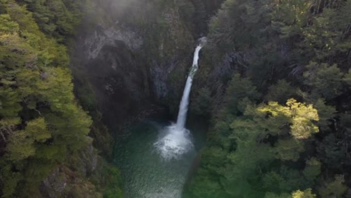 巴塔哥尼亚被树木环绕的瀑布的上升鸟瞰图