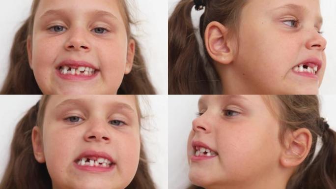 小金发女孩，马尾辫露出无牙的嘴，左右转动头。牙齿疼痛和乳牙