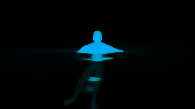 3d男子游泳。设计。水中人类的荧光剪影。黑色背景上漂浮在水中的发光人的3D动画