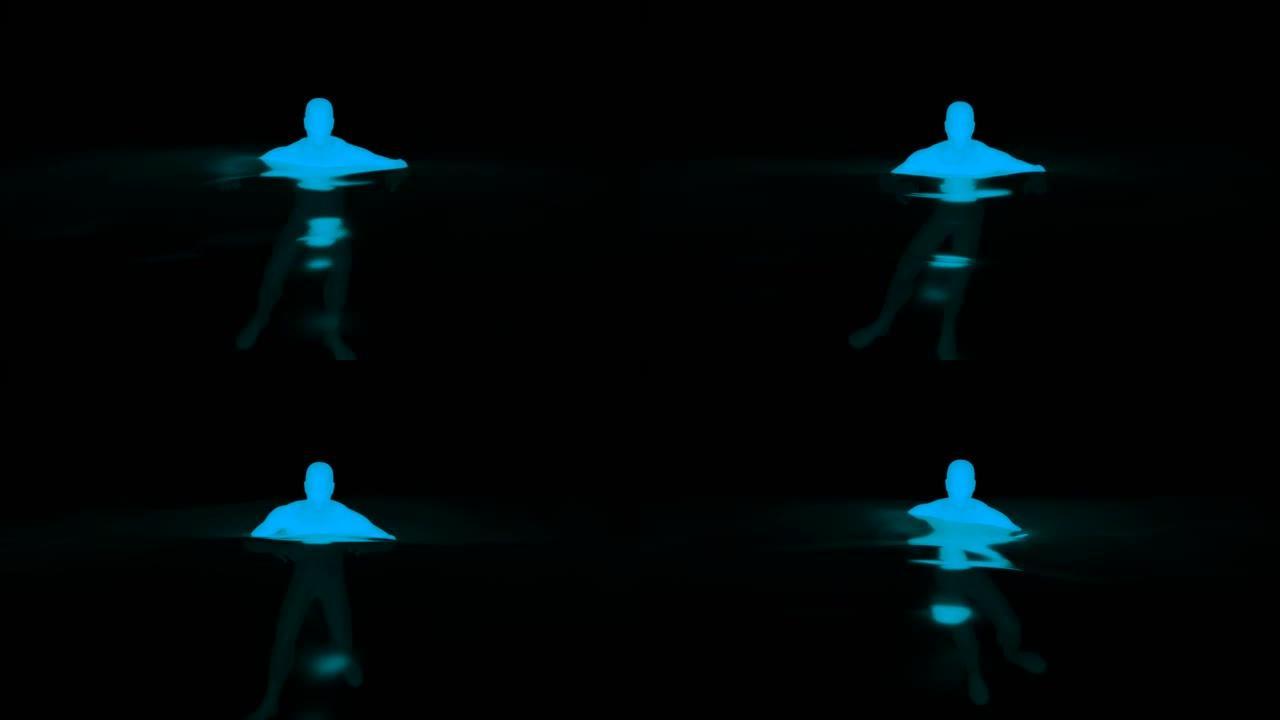 3d男子游泳。设计。水中人类的荧光剪影。黑色背景上漂浮在水中的发光人的3D动画