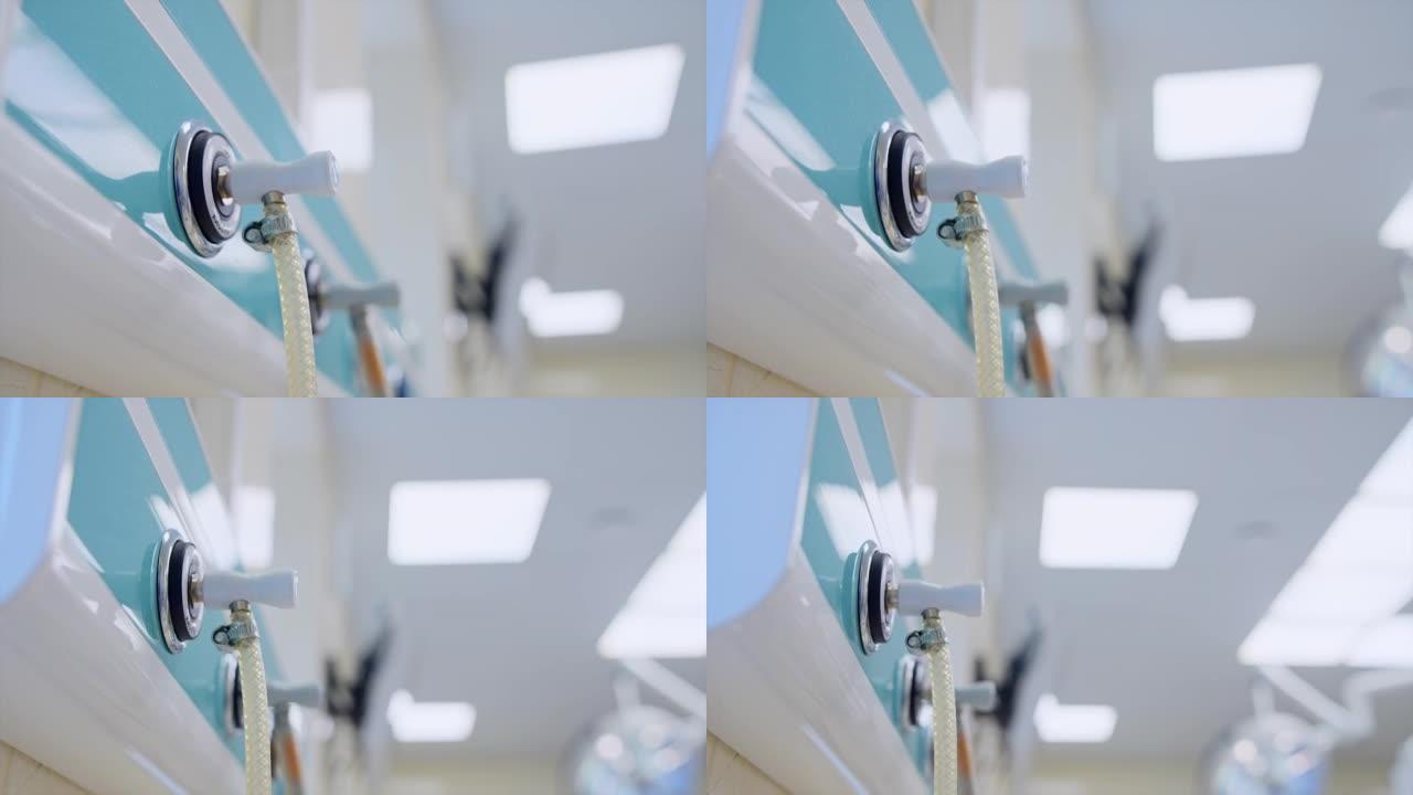 手术室供氧设备的连接管。特写。低角度透视。模糊的背景。