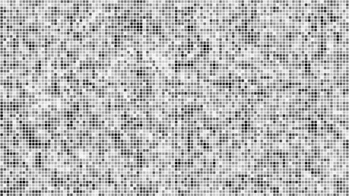 白色背景循环上的黑色浮动网络方块。慢速混沌像素拼接无缝动画。
