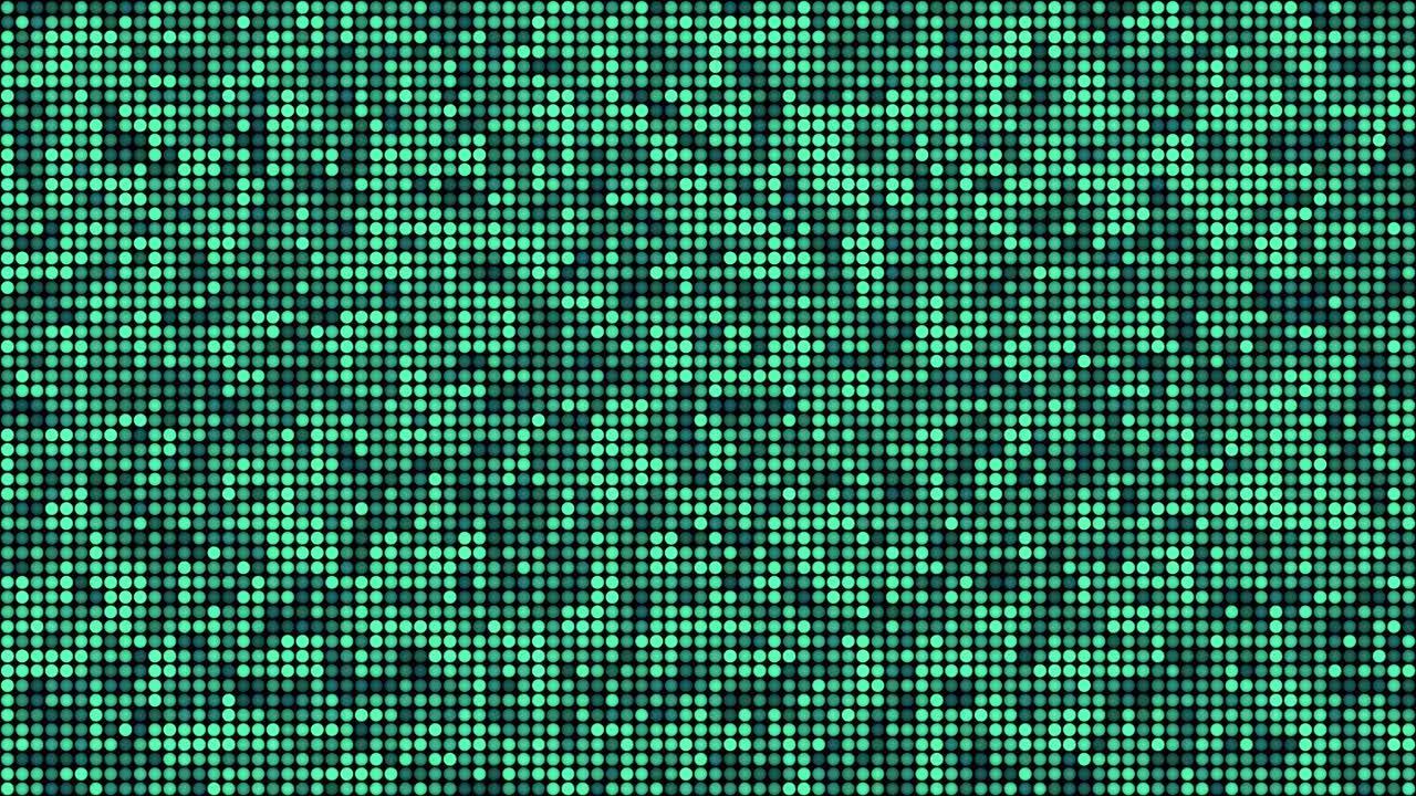 黑色背景镜头循环上的海绿色漂浮圆圈。慢速技术马赛克混沌移动无缝动画。高科技几何背景。