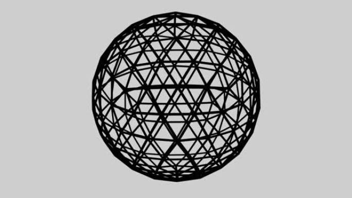 4k中带有交叉线的旋转抽象几何黑色球体的3D动画