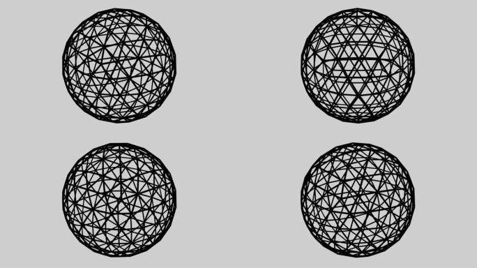 4k中带有交叉线的旋转抽象几何黑色球体的3D动画