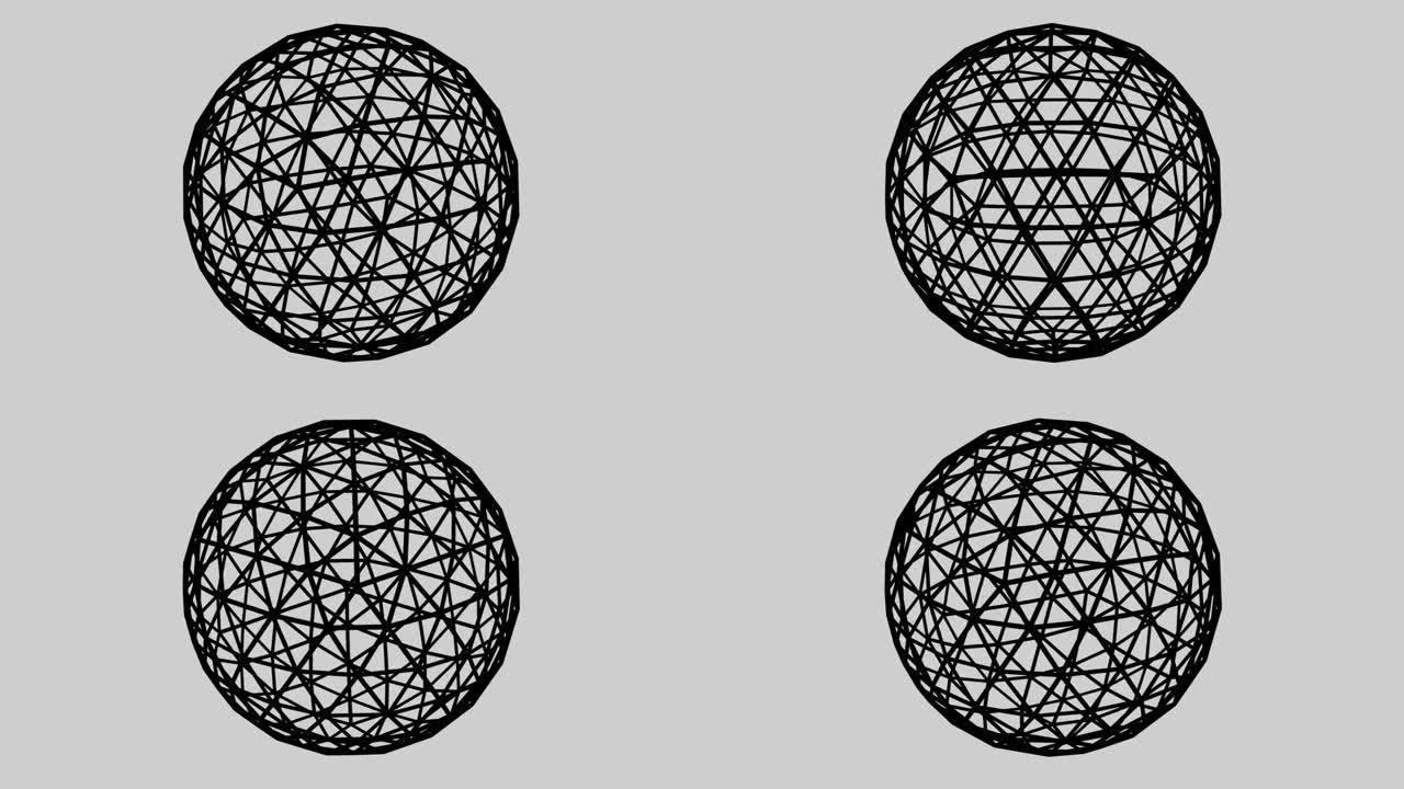 4k中带有交叉线的旋转抽象几何黑色球体的3D动画