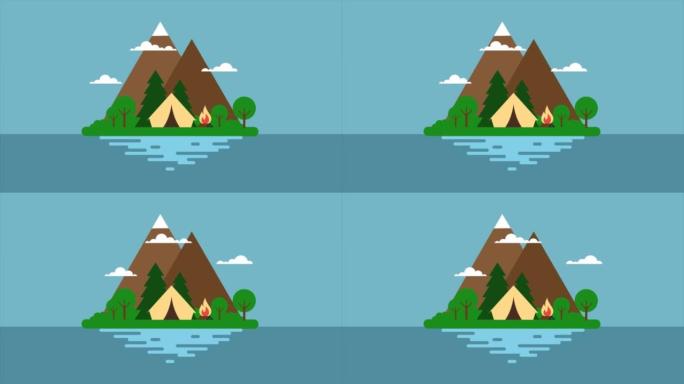 山脉背景的海边绿地上的帐篷和篝火的2D动画