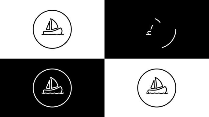 风帆船，船，在海水中，航行，在圆圈中黑白轮廓按钮，线条图标矢量插图视频动画，自画。