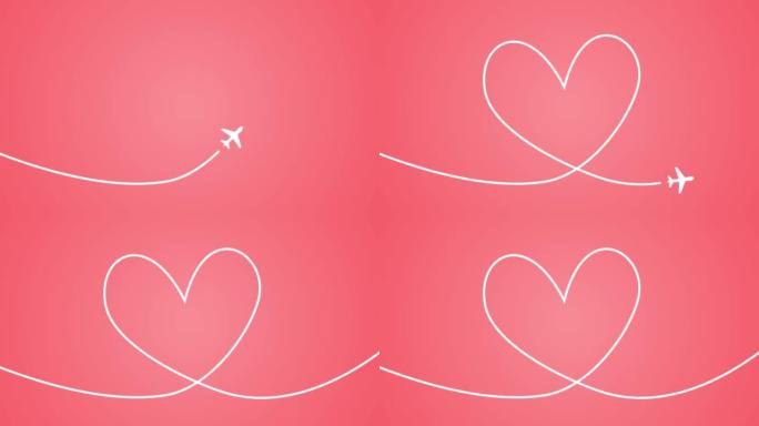 客机图标矢量飞行通过框架绘制心形，旅行，线路径矢量图标，爱，情感，情人节，浪漫，粉红色背景