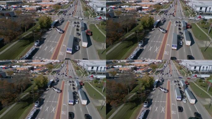 卡车倾覆阻塞交通的道路交通事故的空中无人机视图。内珀维尔。伊尔。美国，2022年11月15日。