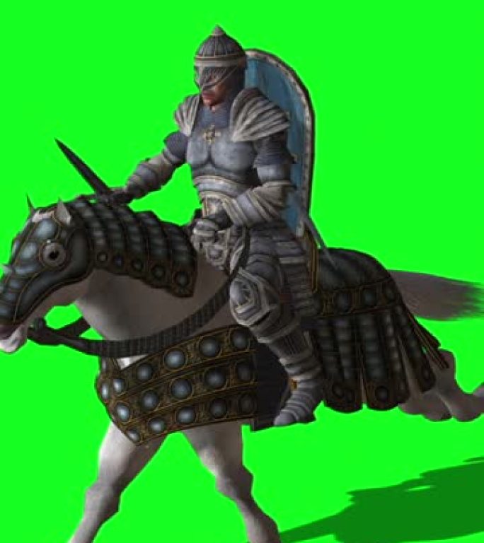 垂直视频-中世纪骑士骑马，用剑和盾牌打架-绿色屏幕上的动画