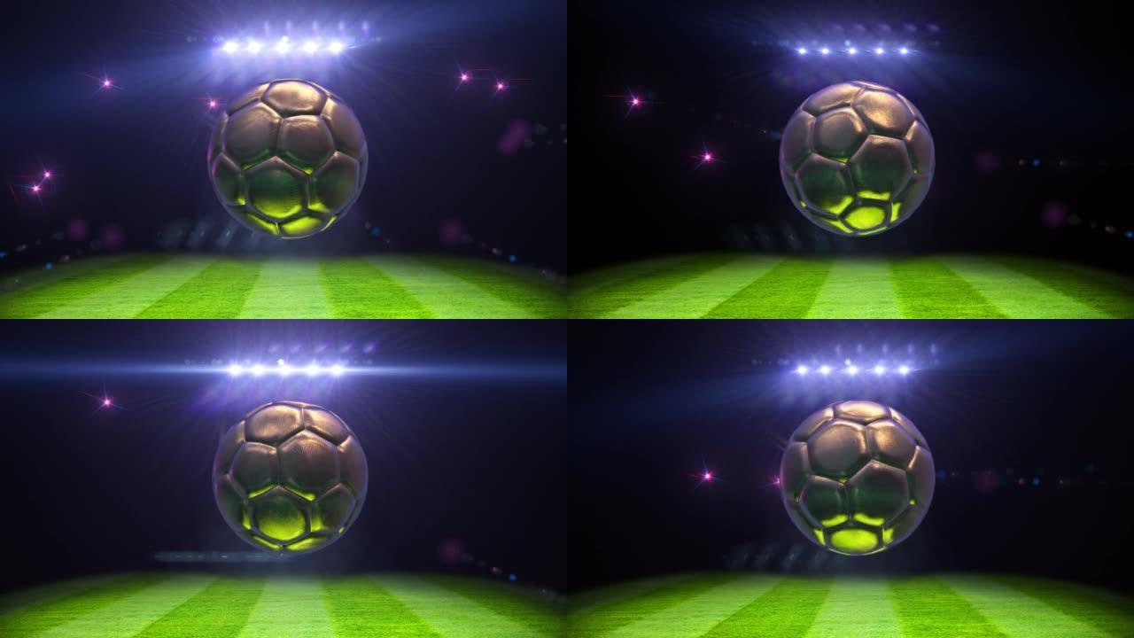 体育场灯光3D金色足球在中间旋转-足球足球