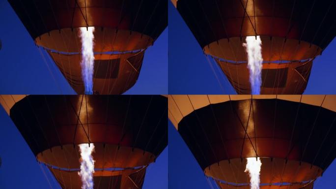 黑暗中热气球中丙烷燃烧器的慢速运动