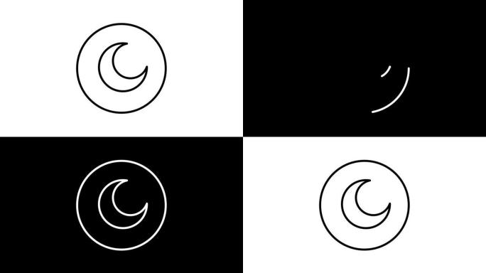 月亮图标、夜晚黑白绘图按钮、矢量插图图标视频动画、自画