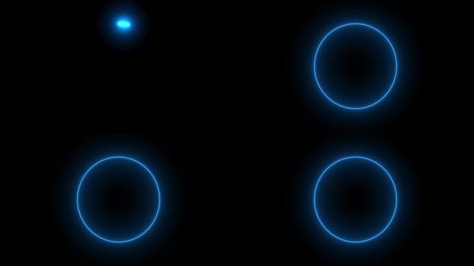 蓝色的闪电环，黑色背景上的能量霓虹灯。带雷电放电的抽象能量圈。渐渐地，出现了一个蓝色的环，并在圆圈中