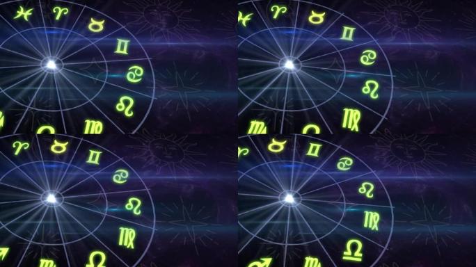 十二星座星座，纳塔尔图占星术轮，塔罗牌，魔法和密教，平滑4k视频渲染