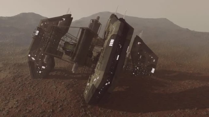 火星表面坠毁的外星太空船残骸的动画