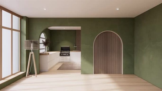 空房间-木地板上的绿色墙壁和装饰植物。3D渲染