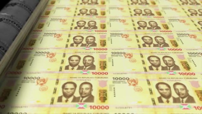 布隆迪，布隆迪法郎印刷机打印出当前10000法郎纸币，无缝循环，布隆迪货币货币背景，4K，焦点深度流