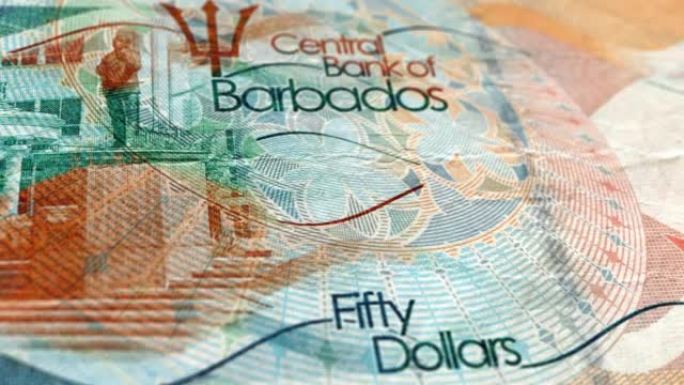 巴巴多斯50美元钞票，巴巴多斯50美元，巴巴多斯美元的特写和宏观视图，跟踪和多利镜头50巴巴多斯美元