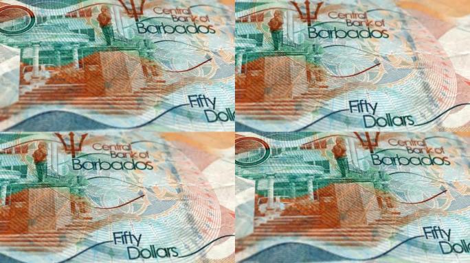 巴巴多斯50美元钞票，巴巴多斯50美元，巴巴多斯美元的特写和宏观视图，跟踪和多利镜头50巴巴多斯美元