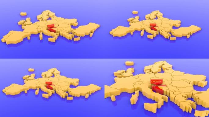 欧洲和红色的黄色地图的3D渲染指出克罗地亚