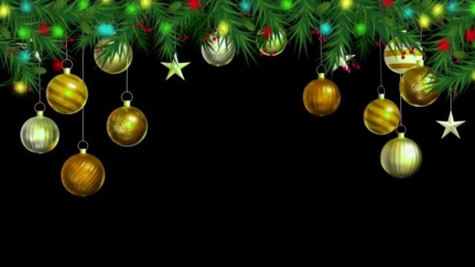 黑色背景上的动画黄色球，用于设计圣诞节或新年模板。